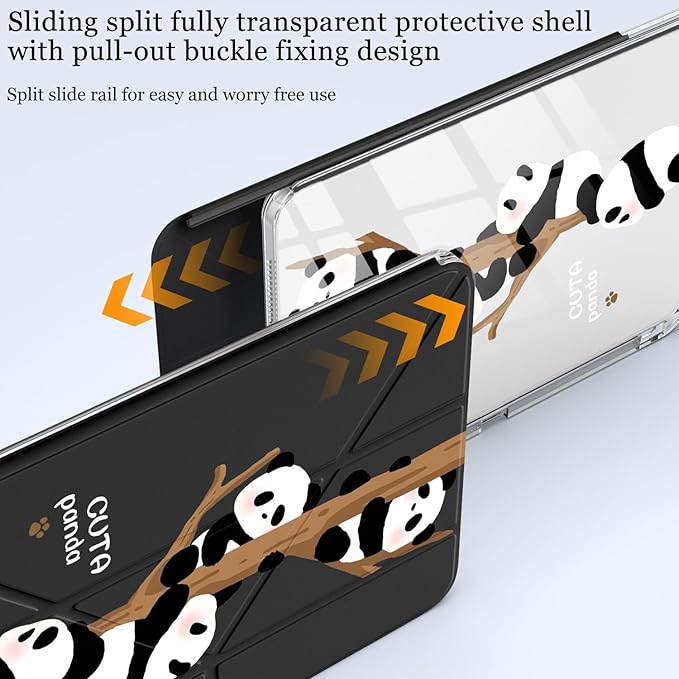 Cute Kawaii Panda for iPad Pro 11 Inch Case 4th/3rd/2nd Generation 2022/2021/2020 with Pencil Holder Auto Sleep/Wake Black Leather Acrylic Back Detachable Cover