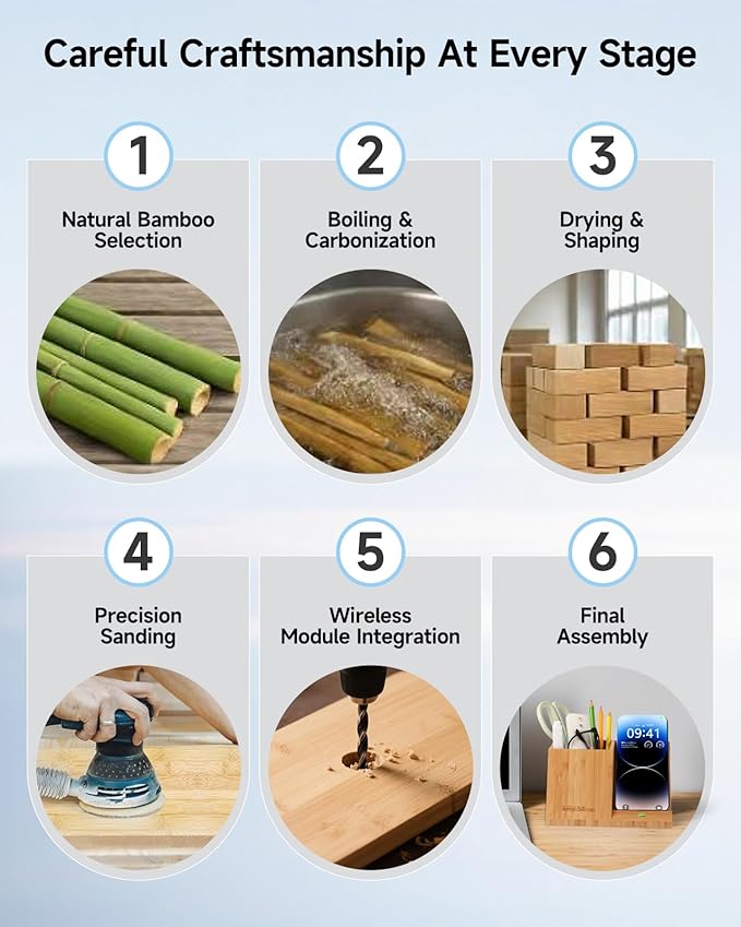 Bamboo Pen Holder for Desk &amp Nightstand Organizer with Fast Wireless Charging for iPhone Samsung &amp More – Office Desk Accessories for Men/Women (Bamboo)