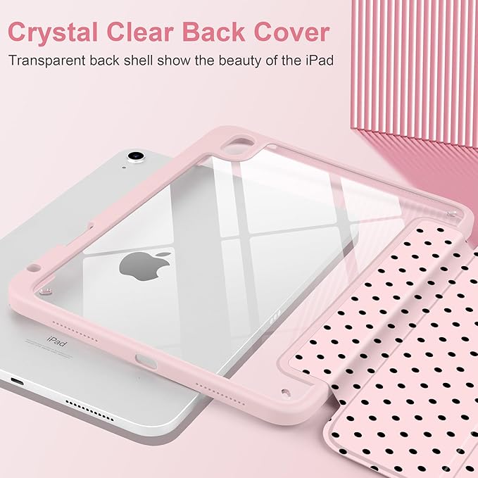 Case for iPad A16 11th Generation 11 inch 2025 iPad 10th Generation 10.9 inch 2022 -[Built-in Pencil Holder] Shockproof Clear Hard Back Trifold Stand Auto Wake/Sleep Pink Polka dot