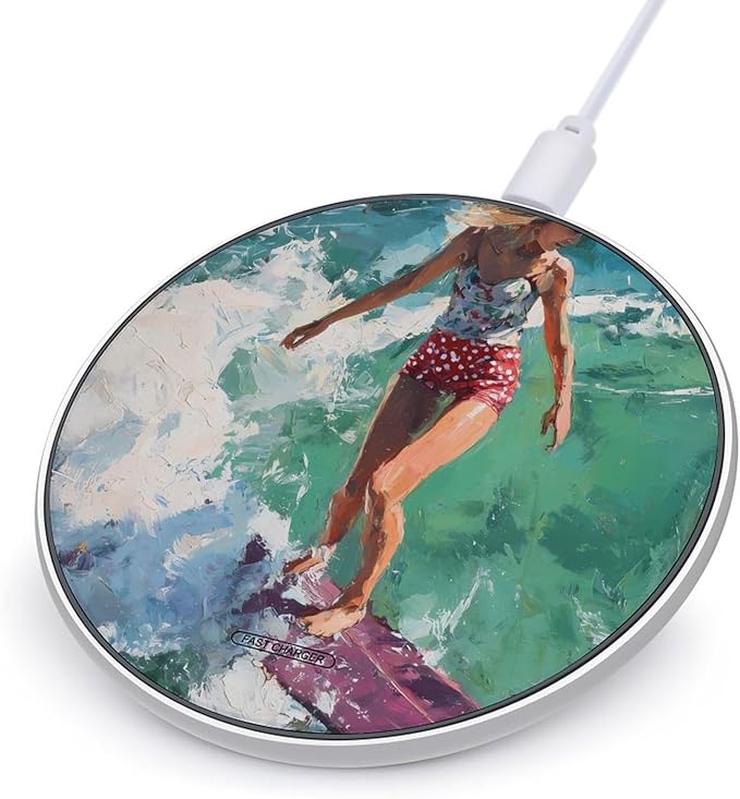 Young Woman Surf Surfing Ocean Waves Phone Charger Magnetic Charging Pad Anti-Slip with USB Cable