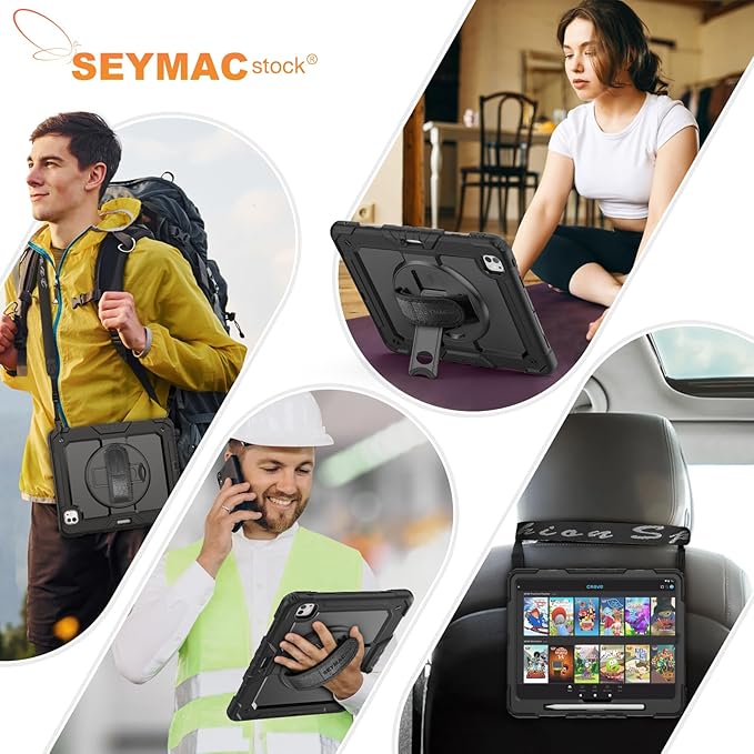 SEYMAC stock Case for iPad Pro 13-inch M5-M4 2025-2024 Shockproof Heavy Duty Case with Screen Protector Pencil Holder Rotating Stand Hand Strap Shoulder Strap Black