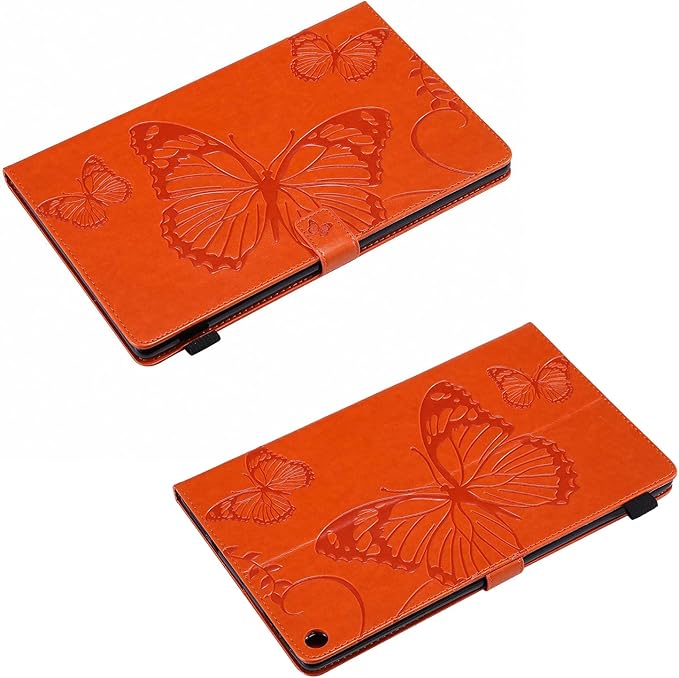 Kindle Fire HD 10 Tablet 2019/2017 Case 9th/7th Generation with Pencil Holder Pockets [Auto Sleep/Wake] Folio Stand Embossed PU Leather Magnetic Smart Wallet TPU Cover Orange Butterfly