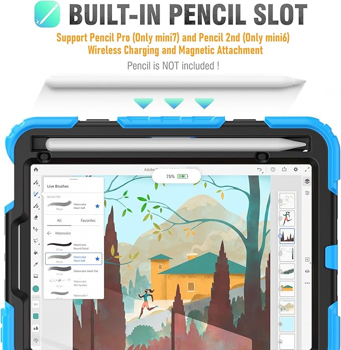 HXCASEAC Case for iPad mini 7 (A17 Pro) / iPad mini 6 Case 8.3 inch Full Body Protective with Pencil Holder Carrying Strap Hand Strap Protector Rotating Stand A2995 A2993 A2567 A2568 Light Blue