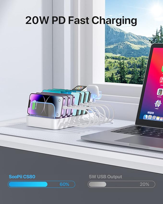 SooPii 8-Port USB-C Charging Station for Multiple Devices with 1 PD 20W Port Supports Fast Charging 8pcs Mixed Charging Cables and 1pcs Upgraded Holder for lWatch Charger &amp Air-Pods White