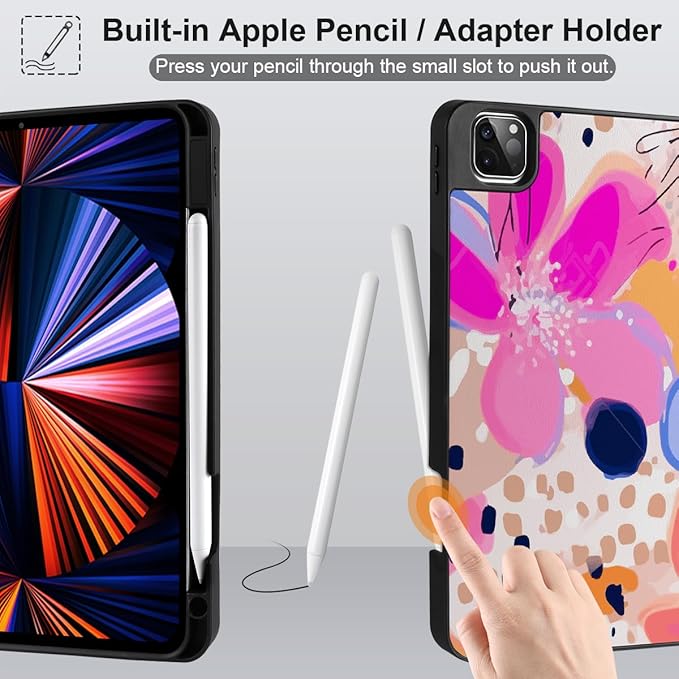 DONGKE Case for iPad Pro 12.9 inch 6th Generation 2022 Built-in Pencil Holder + Trifold Stand + Auto Wake/Sleep + Protective Cover for iPad Pro 12.9 5th/4th/3rd Gen - Floral Artistic