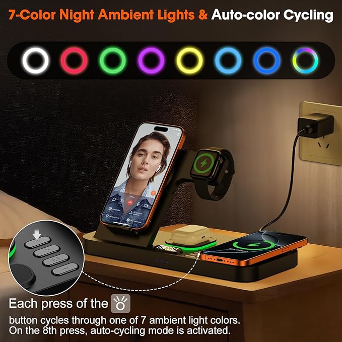 Dual Phone Magnetic Wireless Charging Station for Apple Devices/Apple Ecosystemwith Auto-Switch 7-Color Light &amp Clock Compatible with iPhone 17/16/15 for iWatch 11/10/9 &amp AirPods Pro3（Black
