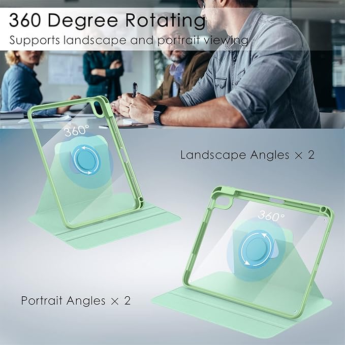 Soke Rotating Case for iPad (A16) 11th Generation 2025 iPad 10th Gen 2022 with Pencil Holder [Shockproof + Auto Sleep/Wake] 360 Degree Rotation Clear Back for iPad 11/10.9 - Matcha Green