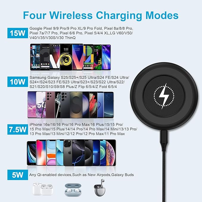 Wireless Charger for Samsung 15W Fast Wireless Charging Pad Charger Mat with QC Adapter for Galaxy S25/S25 Ultra/S24 Ultra/S23/S22 Plus/Z Flip6 Pixel 9/9 Pro XL/Fold iPhone 17/16e/16/15/14/13 Pro Max