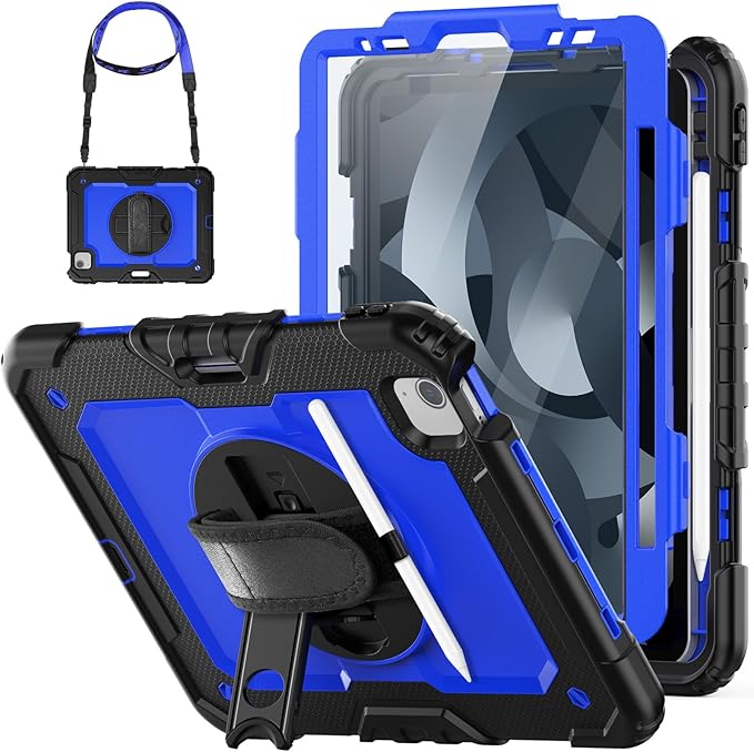 HXCASEAC Case for iPad Air 5th/4th Gen 10.9 inch Shockproof Design with Pencil Holder Screen Protector Hand Strap Protective Air 5/4 Case (A2316 A2324 A2588 A2589 A2591 A2072 A2325) - Blue