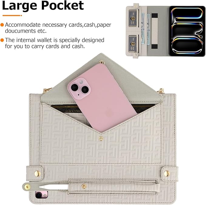 Dteck Handbag Case for iPad 9th/8th/7th Generation 2021/2020/2019 10.2 Inch with Pencil Holder Folio Stand PU Leather Crossbody Shoulder Hand Strap Card Pockets Magnetic Envelope Wallet CoverBeige