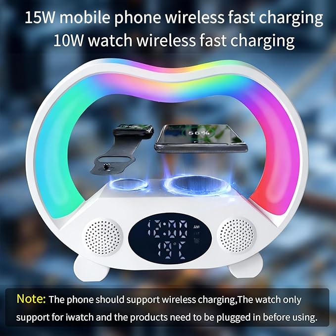 6-in-1 Wireless Charging Station with Bluetooth Speaker RGB Ambient Light Smart Display Clock &amp Thermometer and Remote Control for Remote Operation of All Functions ZS932 White.