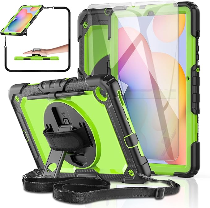 Case for Samsung Galaxy Tab S6 Lite Case 10.4 [with Tempered Glass Screen Protector] 2024/2022/2020 (SM-P610/P615/P613/P619) Rotating Kickstand Shoulder &amp Hand Strap (Green)