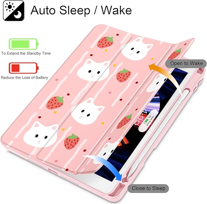 for iPad 9th Generation with Pencil Holder iPad 8th/7th Gen Case 10.2-inch [Built in Pencil Holder] Trifold Stand Auto Wake/Sleep Clear TPU Protection Back Cover Cat Strawberry