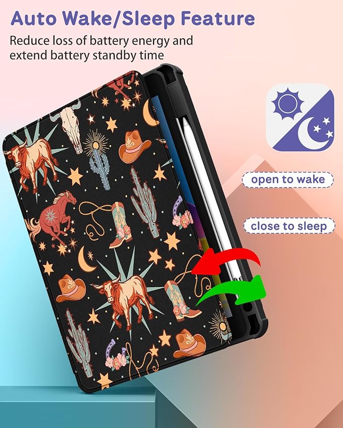 for iPad A16 Case for iPad 10th Generation Case 10.9 inch - 360 Degree Rotating Stand Folio Smart Cover with Pencil Holder for Women Girls Western Cowboy for Apple Tablet 10th 2022/11th 2025