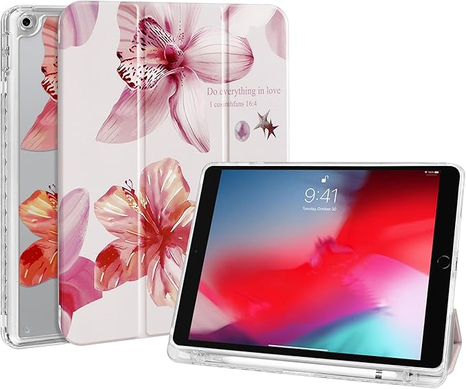 Fycyko Trifold Stand Case for iPad 10.2 InchiPad 9th/8th/7th Generation 2021/2020/2019 Aesthetic Ded Hibiscus Flower Print with Pencil Holder Shockproof Protective CoverDed Flower