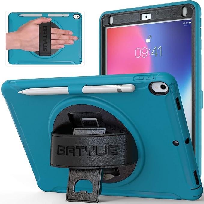 BATYUE iPad Air 3rd Generation 2019 / iPad Pro 10.5 inch Case 2017 Full-Body Shockproof Rugged Case with 360° Swivel Kickstand/Leather Hand Strap/Pencil Holder Case for 10.5 inch (Light Blue)