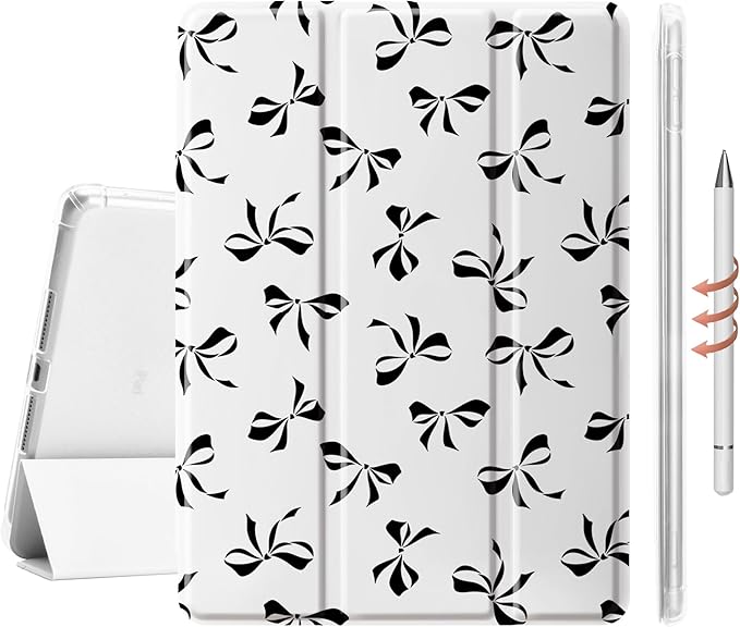 Idocolors Cute Black Bow Case for 11 iPad Air(2024) Tri-Fold Tablet Case with Auto Wake/Sleep &amp Pencil Holder - Vibrant Protective Cover for Women Girls and Teens (White)