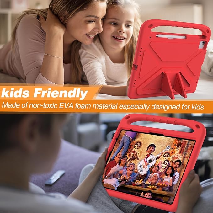 Kids Case for Apple iPad Air 13 inch Tablet M4/M3/M2 (2026/2025/2024) with Pencil Holder Anti-Slip Handle Slim Lightweight Stand Shockproof Soft EVA Protective Silicone Bumper Cover Red