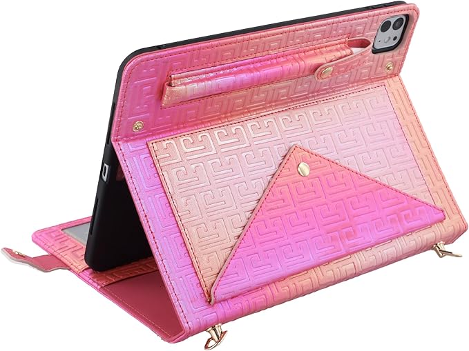 Shiny Case for iPad Pro 11 M5 M4 (2025/2024) Handbag Case Techcircle Iridescent PU Leather Folio Envelope Pocket Stand Cover with Hand Strap+Shoulder Strap+Pencil Holder+Card Slots Shiny Rose Pink