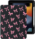Cute Pink Bow for iPad Air 11 Inch Case 7th/6th Generation (M3/M2) 2025/2024 with Pencil Holder Auto Sleep/Wake Black Leather Clear Acrylic Back Cover