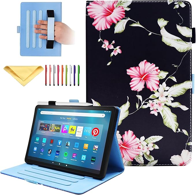 Case for Amazon Kindle Fire Max 11 (13th Generation 2023 Release) 11 with Stand/Pencil Holder/Hand Wrist Strap Folio Magnetic Smart PU Leather Cover [Auto Sleep Wake] Pink Flower Black