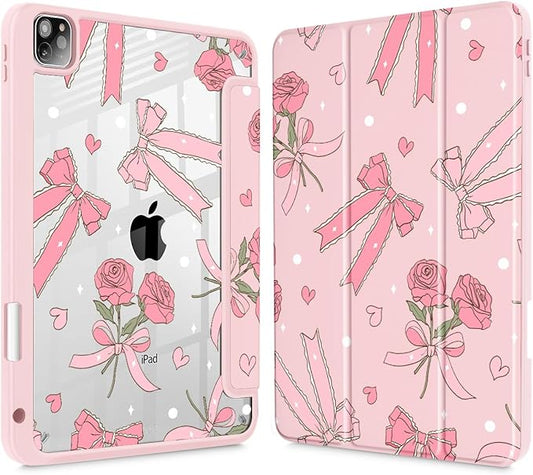 Tuiklol for iPad Pro 11 Inch Case M2 2022 Gen 4th -Built-in Pencil Holder Shockproof Cover Clear Transparent Back Shell Fit for iPad 11’’ 2021 2020 2018 Gen 3rd/2nd/1st for Kid Bow &amp Rose