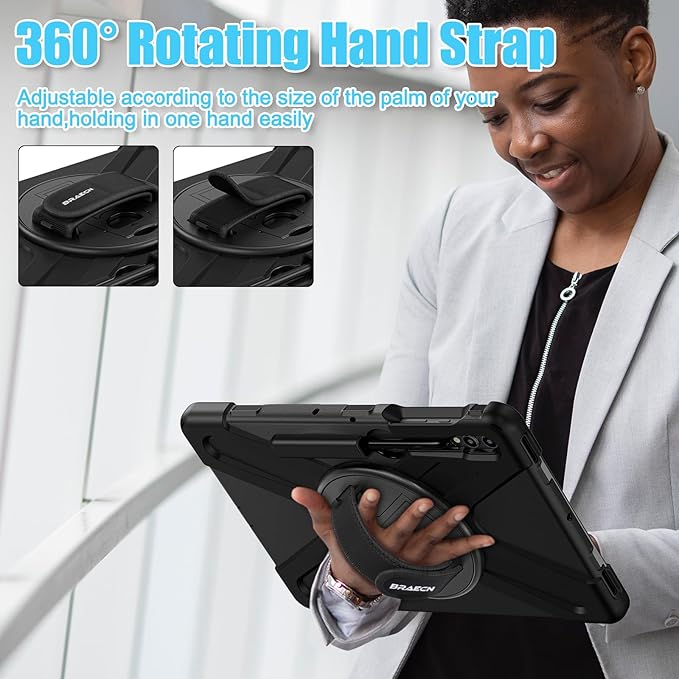 BRAECNstock for Samsung Galaxy Tab S10+ Plus/ S9 FE+ Plus/ S9+ Plus/ S8+ Plus/ S7 FE/ S7+ Plus 5G Tablet Case 12.4 inch Shockproof Protective Case with Pen Holder Rotating Stand &amp Hand Strap - Bla