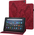 for Amazon Kindle Fire HD 10 &amp HD 10 Plus Case 13th/11th Generation 10.1 inch (2023/2021) Folio Stand Embossed PU Leather Wallet Cover with Pencil Holder/Card Pockes Red Flower Butterfly