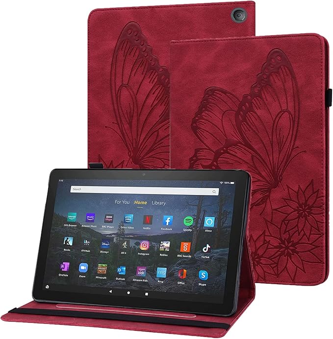 for Amazon Kindle Fire HD 10 &amp HD 10 Plus Case 13th/11th Generation 10.1 inch (2023/2021) Folio Stand Embossed PU Leather Wallet Cover with Pencil Holder/Card Pockes Red Flower Butterfly