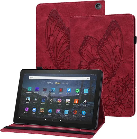 for Amazon Kindle Fire HD 10 &amp HD 10 Plus Case 13th/11th Generation 10.1 inch (2023/2021) Folio Stand Embossed PU Leather Wallet Cover with Pencil Holder/Card Pockes Red Flower Butterfly