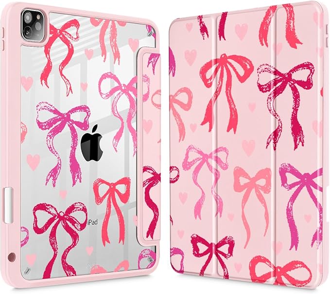 May Chen for iPad Pro 11 inch M2 4th Generation 2022 iPad Pro 11 3rd/2nd/1st Gen Case with Transparent Shockproof Back Cover [Built-in Pencil Holder Auto Sleep/Wake Bow Ribbon
