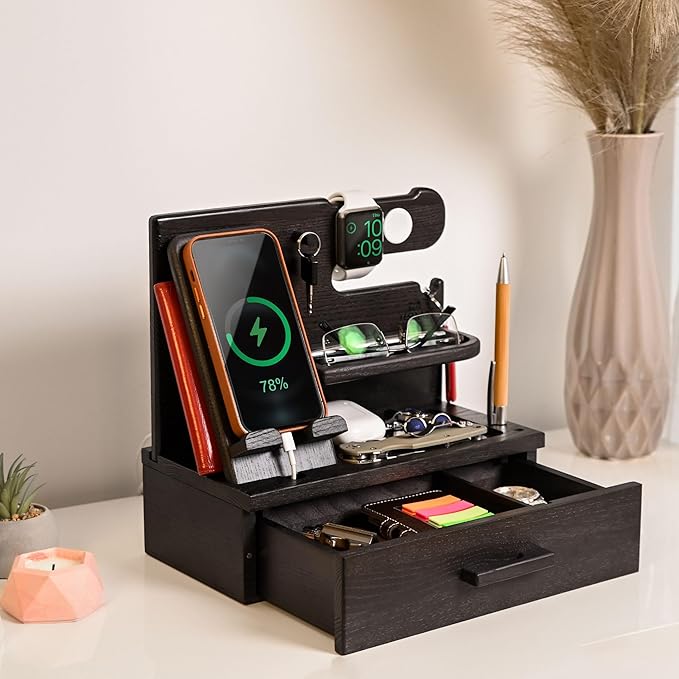 TESLYAR Wood Phone Docking Station with Drawer - Nightstand Organizer - Desk Organizer for Husband - Birthday Gifts for Men Dad Anniversary Idea Key Holder Stand Watch &amp Accessories (Granite Bl