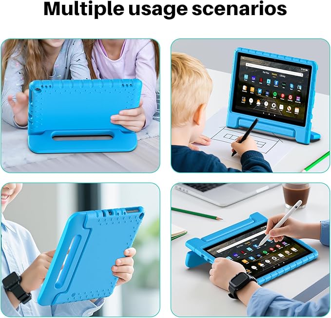 Kids Case for Kindle Fire HD 10 or 10 Plus 13th/11th Generation (2023/2021 Release) Shockproof Lightweight Protective Cover with Portable Handle Stand for Boys Girls Blue