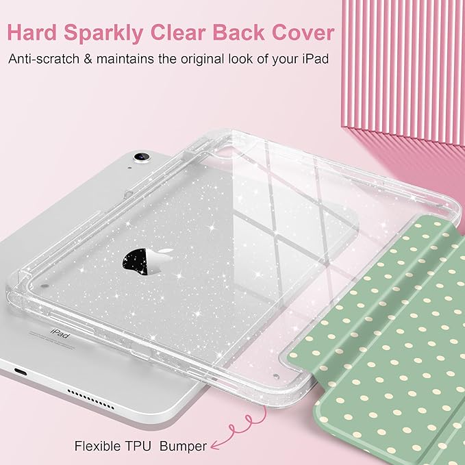 DONGKE for iPad Case 9th/8th/7th Generation 10.2 Inch (2021/2020/2019) Shockproof Glitter Acrylic Back with Trifold Stand Pencil Holder &amp Auto Sleep/Wake - Green Polka Dot