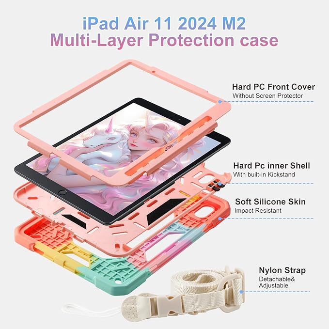 for iPad Air 11 Case (M3) 2025/ iPad Air 11 Case 2024 (M2) with Pen Slot/360 Rotating Grip Magic StandKeychain/Shoulder StrapFull-Body Rugged Cover for iPad Air 6th Generation (Colorful)