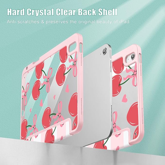 Mektron Case for 2026 iPad Air 13 inch M4 Cover Compatible 2025 iPad Air 13 inch M3 2024 iPad Air 13 inch M2 with Pencil Holder Shockproof Clear Shell Cherries Bows C353