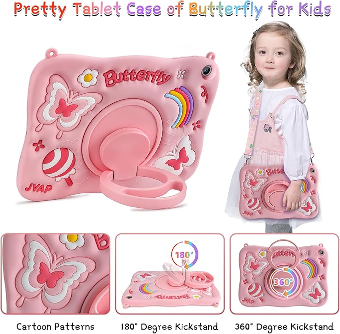 for Samsung Galaxy Tab A9 Plus Case Kids Girls with Screen Protector Kickstand Shoulder Strap Pink Butterfly Shockproof Cover for Samsung A9 Plus Tablet Cover 11 inch 2023