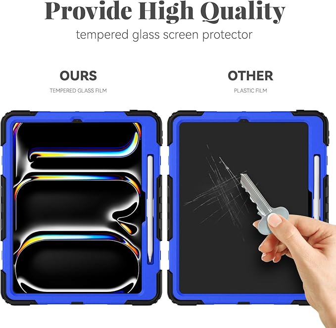 BLOSOMEET Protective Case for iPad Pro 13 Inch M4 with Tempered Glass Screen Protector &amp Pencil HolderBlue Fashionable Cover for 2024 iPad Pro 13 with Stand Hand Strap Shoulder Strap