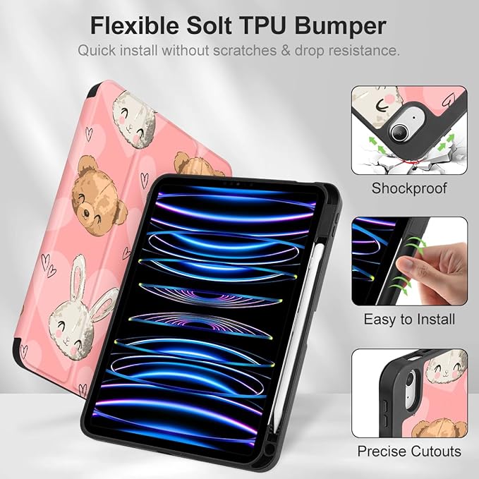 Mektron Case for iPad Air 11 inch (M4 2026 8th /M3 2025 7th /M2 2024 6th) Compatible with iPad Air 10.9 (2022 5th Gen /2020 4th Gen) Tablet Cover Buit in Pencil Holder Cute Bunny Bear