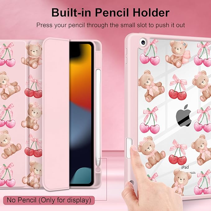 DONGKE for iPad 9th/8th/7th Generation Case 10.2 Inch (2021/2020/2019) [Auto Sleep/Wake &amp Pencil Holder] Clear Acrylic Back Trifold Stand Cover Bear &amp Cherry