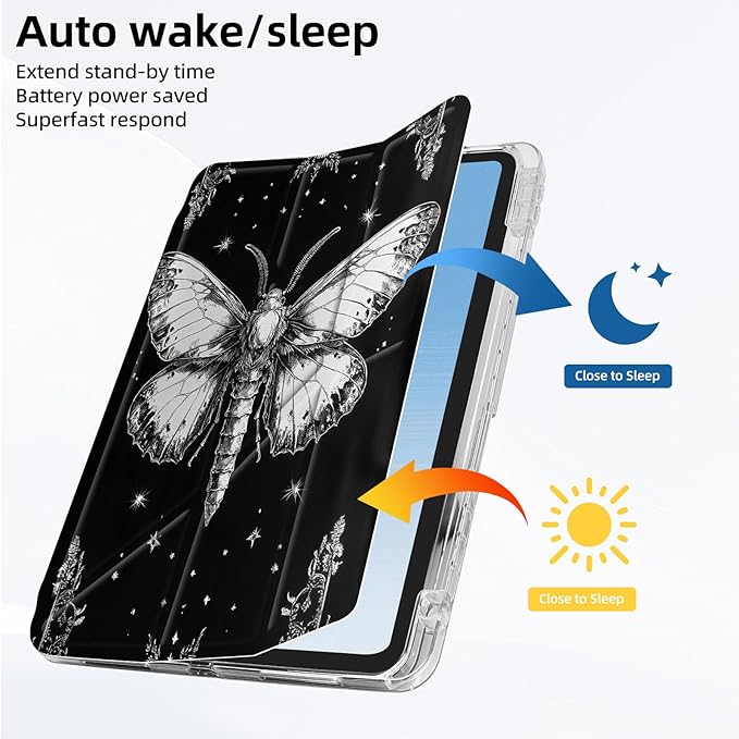 for iPad Pro 11 2024 Case with Pencil Holder Foldable Y-Shaped Protective Cover Stylish Clear Multi-Angle Viewing &amp Auto Sleep/Wake Black Cat Wildflower Field Tablet Case