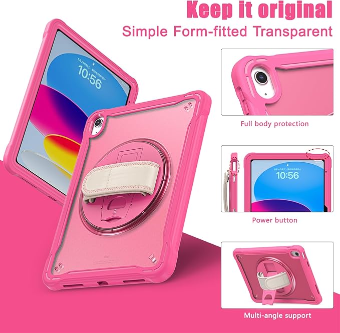Case for iPad (A16) 11th/10th Generation 2025/2022 11/10.9 inch Rugged Shockproof Protective Cover with Screen Protector 360° Rotating Hand Strap&ampStand Pencil Holder Rose