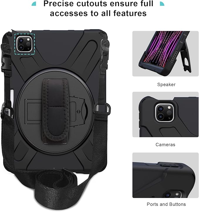ProCase for iPad Pro 12.9 Inch Case 2022 2021 2020 2018 Rugged Heavy Duty Shockproof Cover with Hand Strap Shoulder Strap for iPad Pro 12.9 6th 5th 4th 3rd Generation –Black