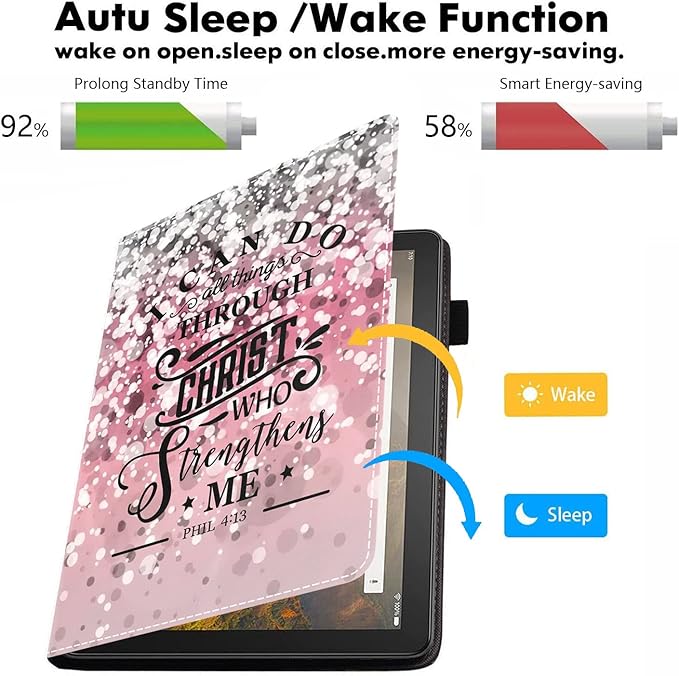 Case for Amazon Kindle Fire 7 Tablet (7 Display 9th/7th Generation 2019/2017 Release) - PU Leather Folio Case with Smart Auto Wake/Sleep Pink Background Quote Bible Verse Phil 4:13