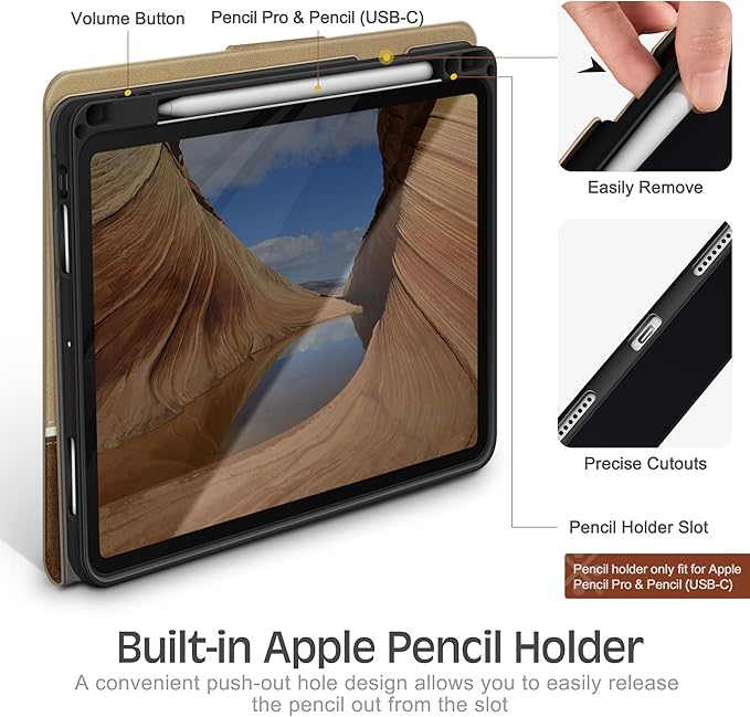 KingBlanc Case for iPad Pro 11 inch (M5 2025/M4 2024) with Pencil Holder Vegan Leather Smart Stand Cover Auto Sleep Wake Support Pencil Pro/(USB-C) Viewing/Typing Angle Durable Protection Beige