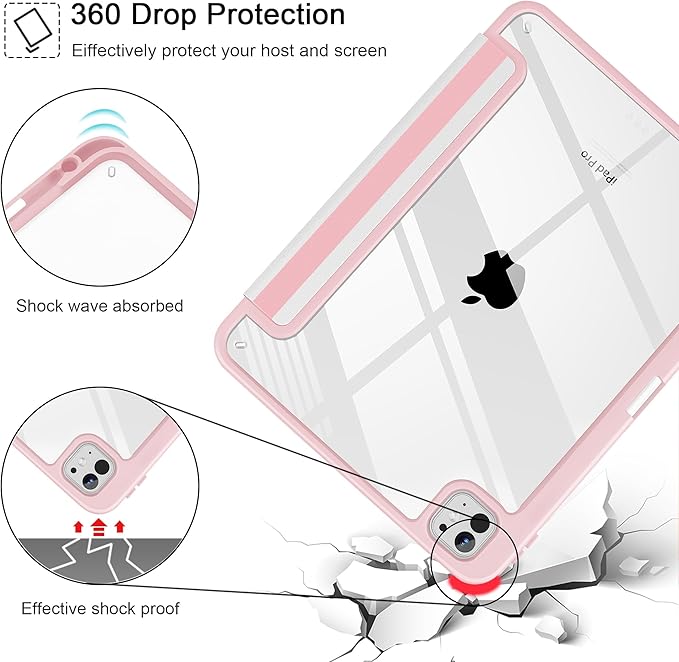 May Chen Case for iPad Pro 11-Inch M5/M4 2025/2024 (6th/5th Generation) [Penceil Holder] Trifold Stand Auto Wake/Sleep Clear TPU Protection Back Cover Pink Stripes