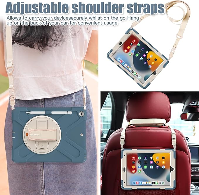 BRAECNstock for Apple iPad 9th/ 8th/ 7th Generation Case 10.2 inch 2021/2020/ 2019 Shockproof Protective Case with Screen Protector Pencil Holder Rotating Hand Strap+Stand Cornflower Blue