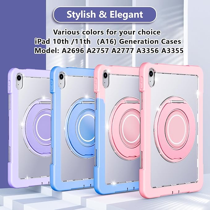 Case for iPad (A16) 11th /10th Generation 11 Inch 2025/10.9 inch 2022with Screen Protector360 Rotating Metal StandClear BackHeavy Duty Shockproof for Kids Case Pink
