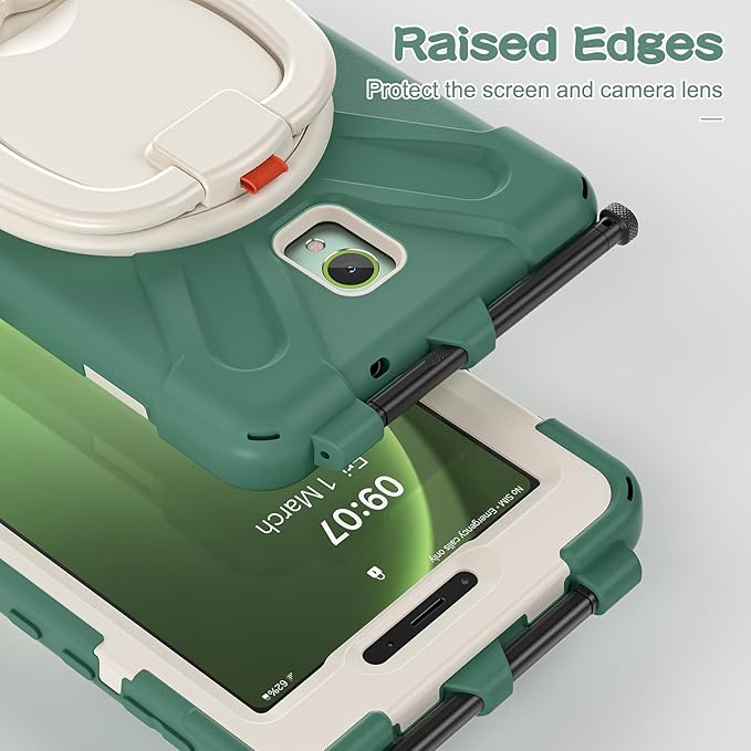 Rugged Case for Samsung Galaxy Tab Active5 5G (SM-X306B/X300) w/ 360° Rotating Hanging Ring Handle Grip Kickstand Heavy Duty Shock-Proof Armor Cover w/Shoulder Strap Stylus Holder (Green)