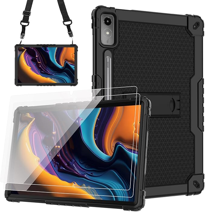 Case for Lenovo Tab P12 12.7 Inches Tablet Case Shockproof Hybrid Kids Case with Screeen Protector for Lenovo tab P12/Xiaoxin Pad Pro 12.7 Tablet Case TB370FU/TB371FC (Black/Black/2 PCS)